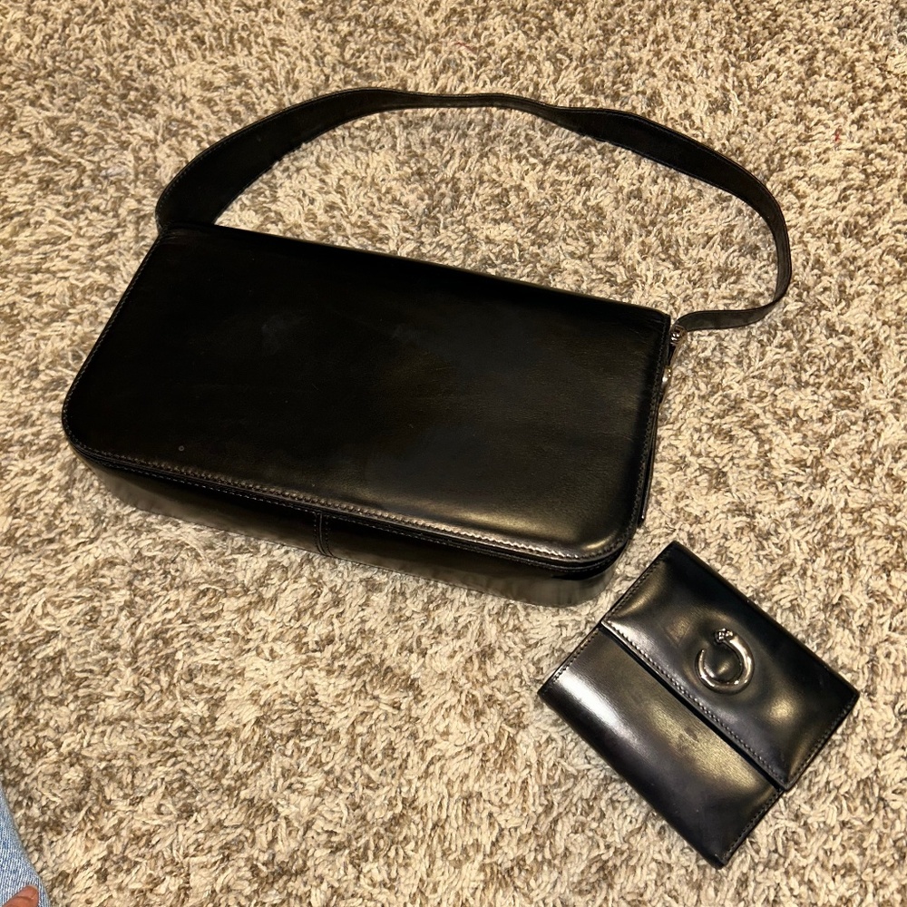 Cartier Vintage Black Leather Shoulder Bag + Matching Wallet Classic Set